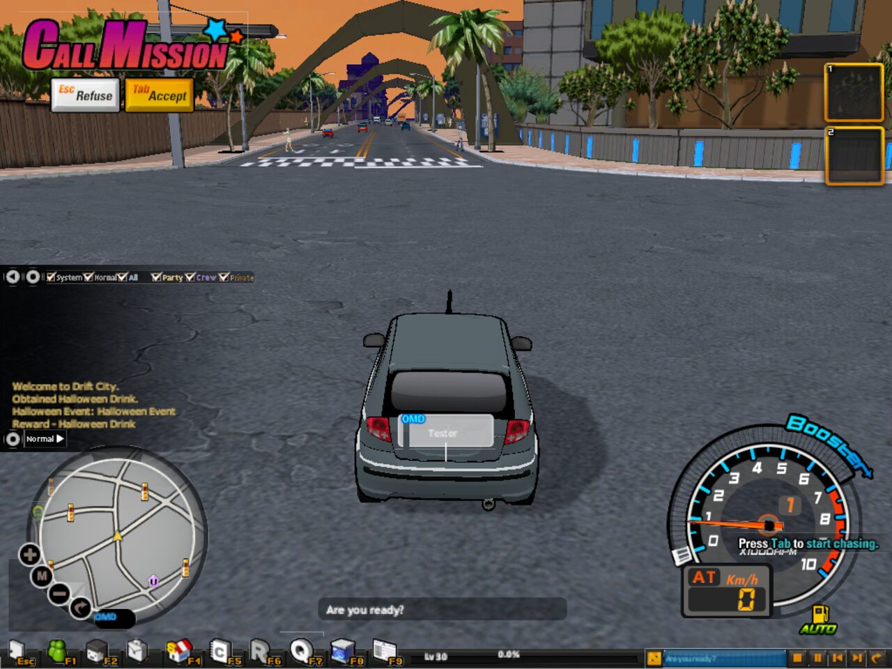 Driving through Cras at sunset with the original HUD, minimap and chat
